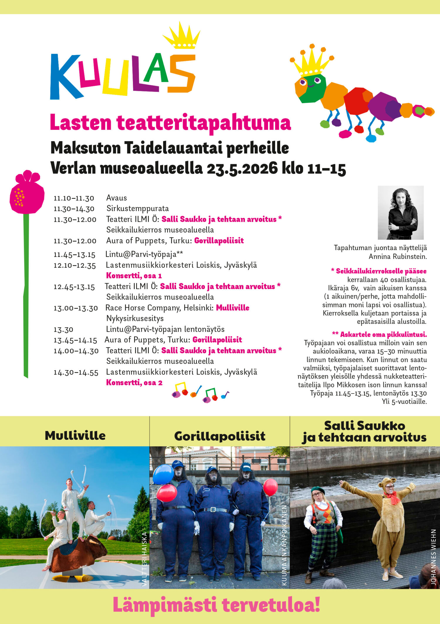 Verlan maksuttoman Taidelauantain ohjelmisto täyttyy 23.5.2026 klo 11-15 Lasten teatteritapahtuma KUULAAN esityksistä 1 Verlan maksuttoman Taidelauantain ohjelmisto täyttyy 23.5.2026 klo 11-15 Lasten teatteritapahtuma KUULAAN esityksistä 1