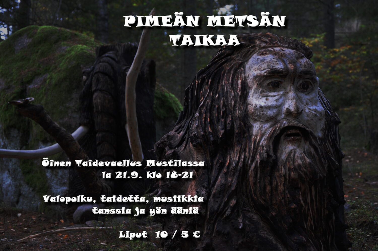 Arboretum Mustilassa Öinen taidevaellus lauantaina 21.9.2024 klo 18-21. Omat taskulamput mukaan! 2