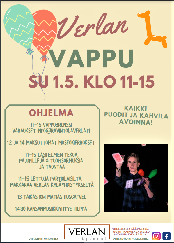 Verlan puuhiomon ja pahvitehtaan 150-vuotiskesä avautuu yleisölle 1.5.2022 Vapun päivän juhlaohjelmalla, vappulounaalla ja maksuttomilla museokierroksilla klo 12 ja 14. 3 Verlan puuhiomon ja pahvitehtaan 150-vuotiskesä avautuu yleisölle 1.5.2022 Vapun päivän juhlaohjelmalla, vappulounaalla ja maksuttomilla museokierroksilla klo 12 ja 14. 3